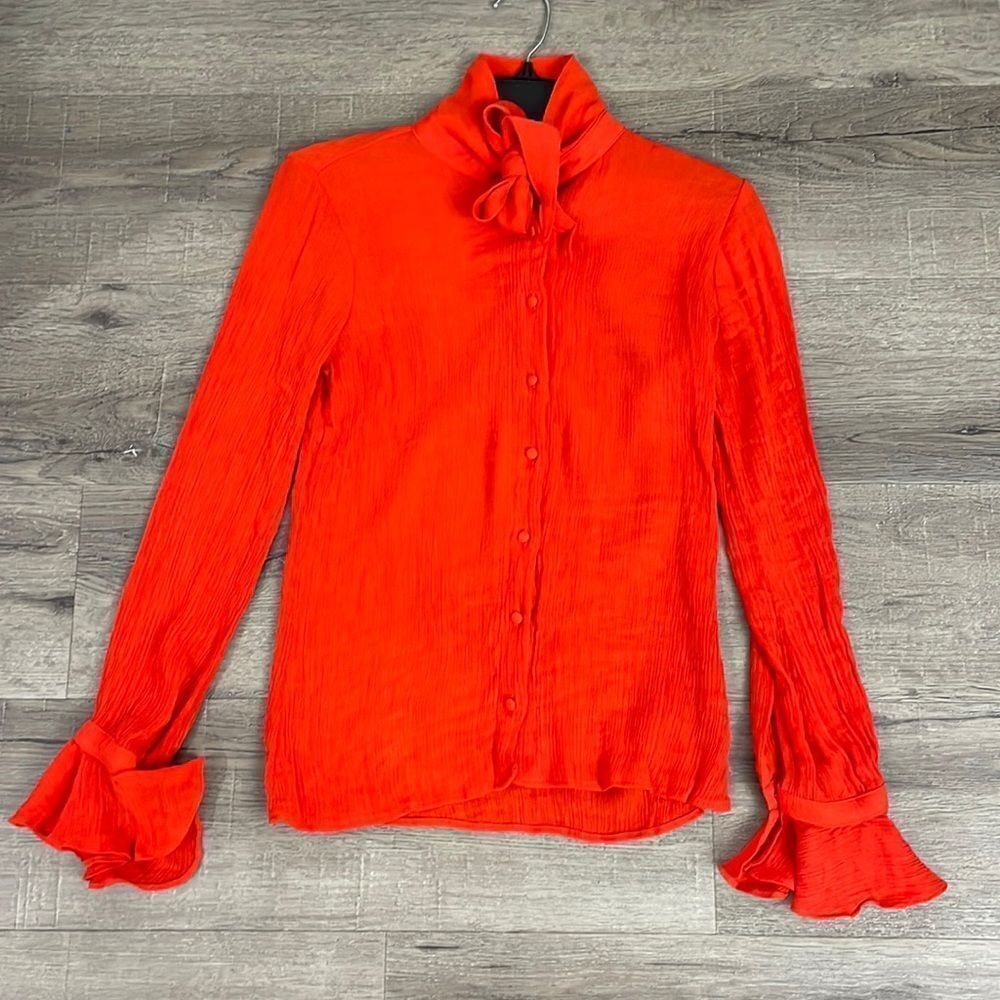ELA London Designer bright Red Orange Crepe Blouse with Tie Size Small